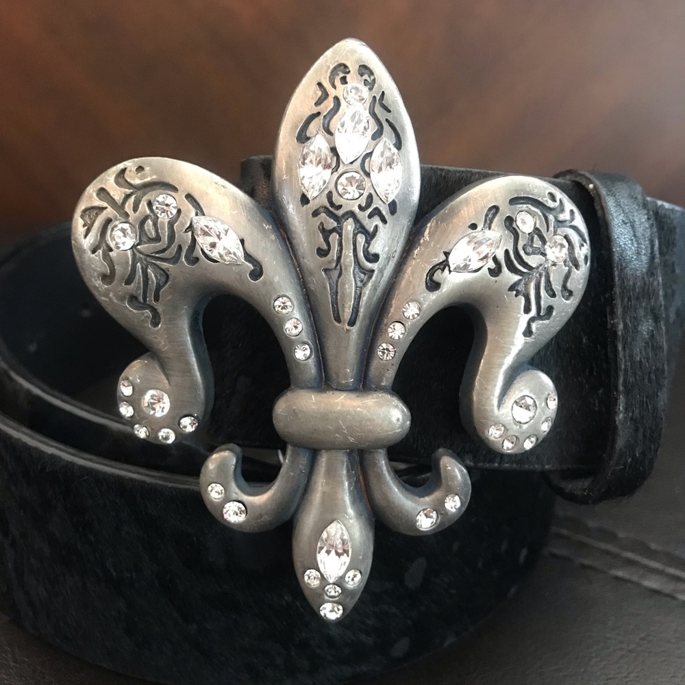 Y2K Royal Plush Swarovski Fleur De Lis Leather Calf Hair Belt